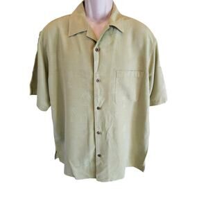 Island republic 100% silk hawaiin embellished palm trees button up vacation L ^